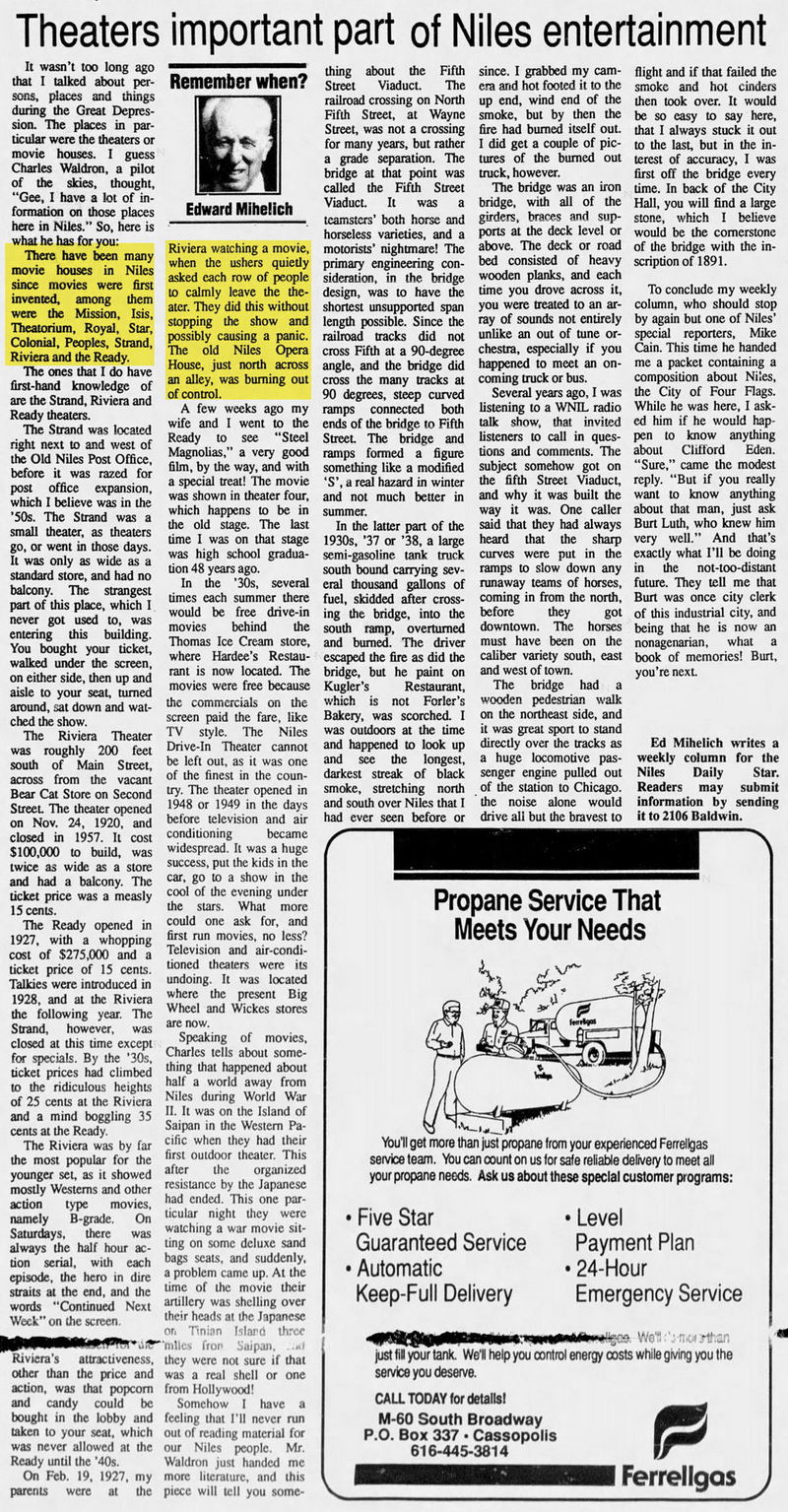 The Niles Daily Star Aug 1990 Riviera Theatre, Niles